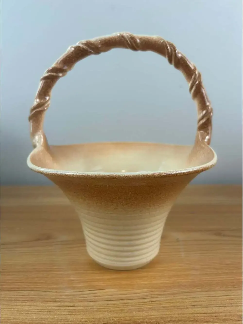 Dryden Originals Vintage Art Pottery Mottled Brown Twist Handle Basket